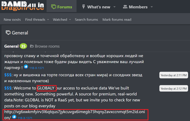 Figure 1 - On Ramp4u forum, threat actor “$$$” shared the DLS in an announcement of GLOBAL GROUP-1